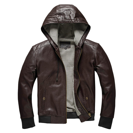 Spring and Autumn Casual Hooded Leather Jacket for Men